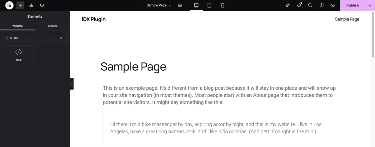 Elementor HTML widget search