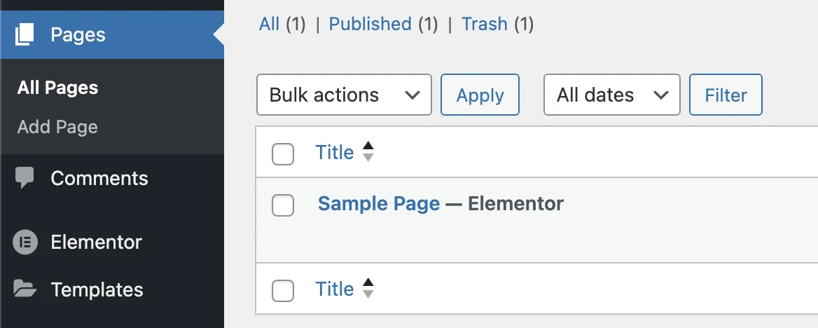 WordPress dashboard page selection