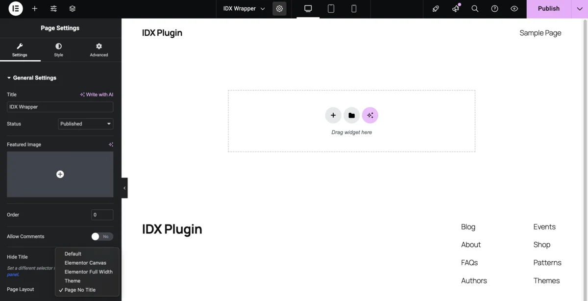 Elementor page settings for wrapper
