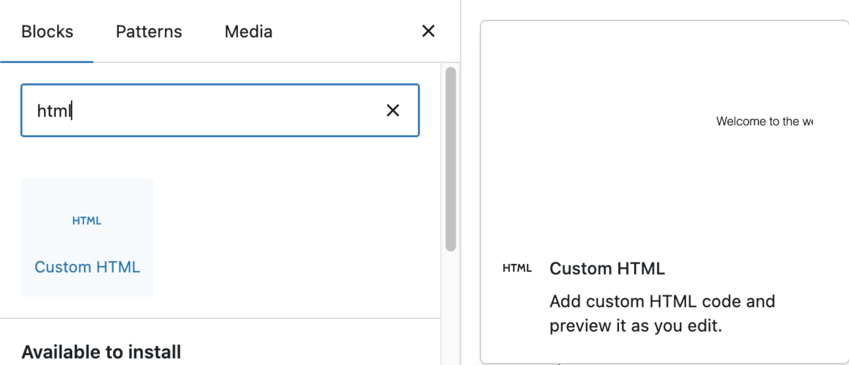 Search for Custom HTML block in Gutenberg
