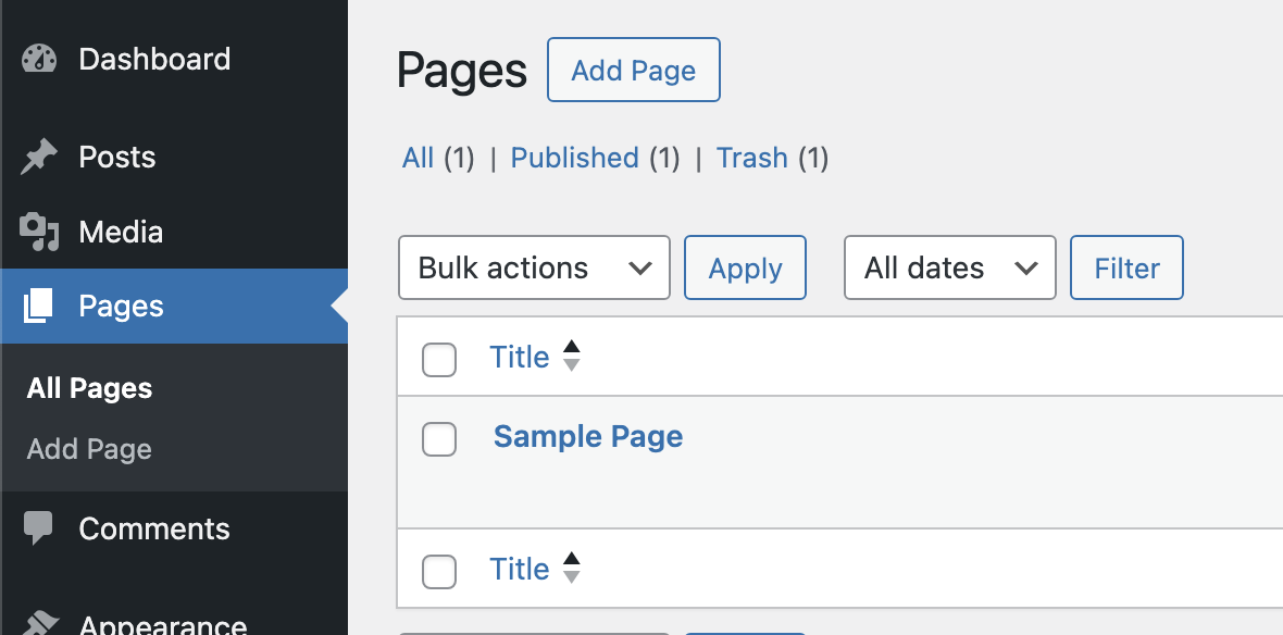 WordPress dashboard page selection