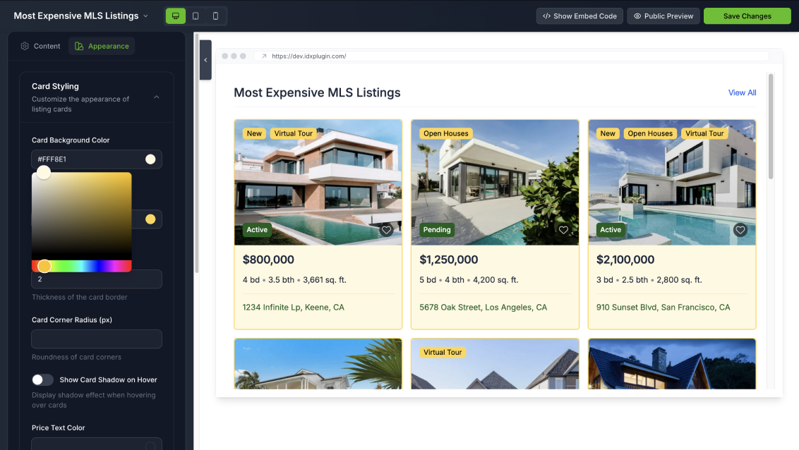IDX Plugin Listing Cards Dashboard