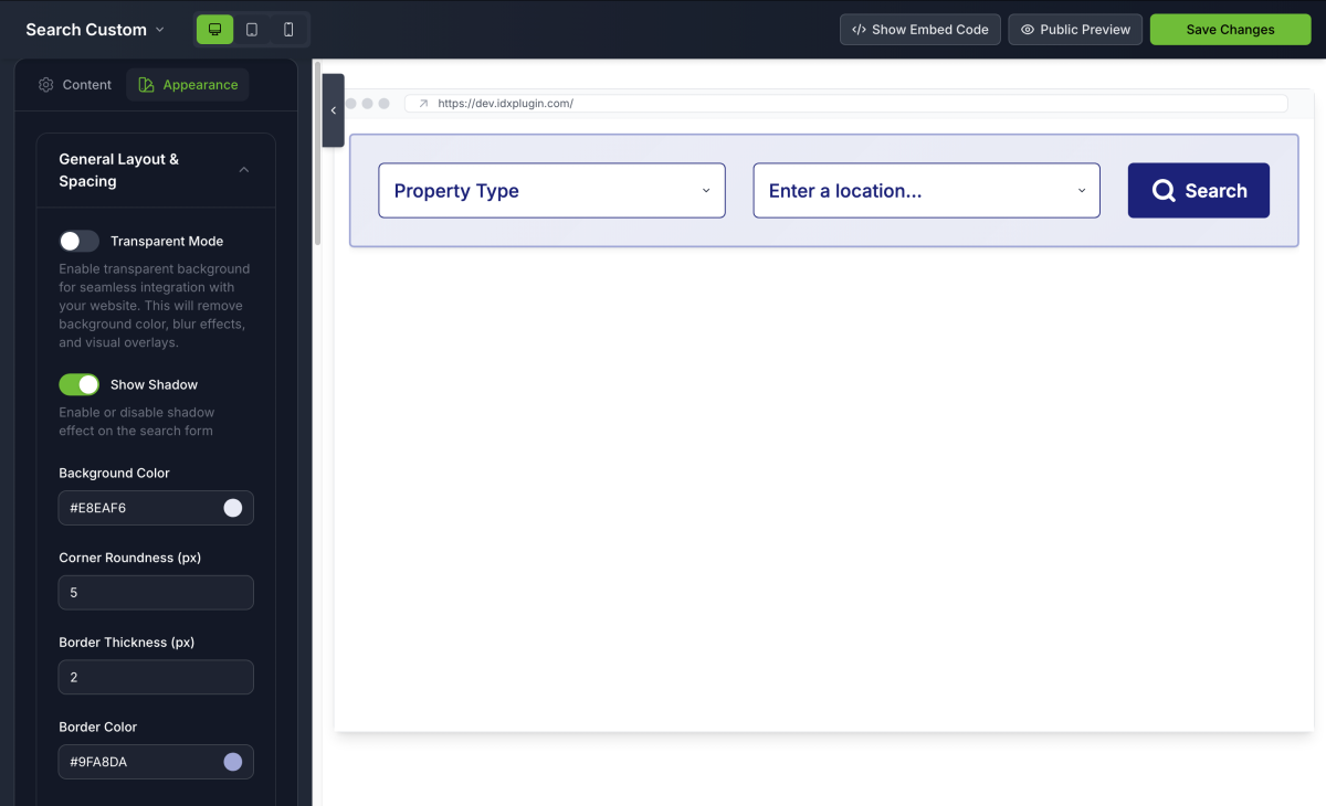 Custom search widget builder preview
