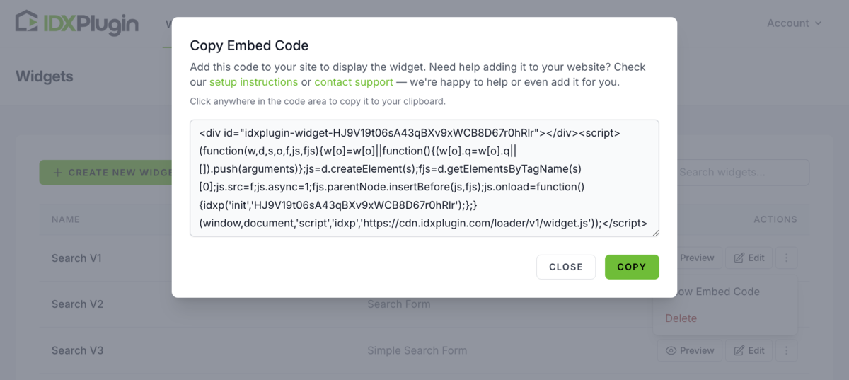 Popup window showing the embed code with Copy button highlighted