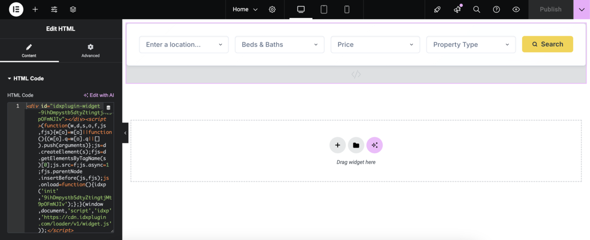 Website builder interface showing the embed code pasted into HTML element
