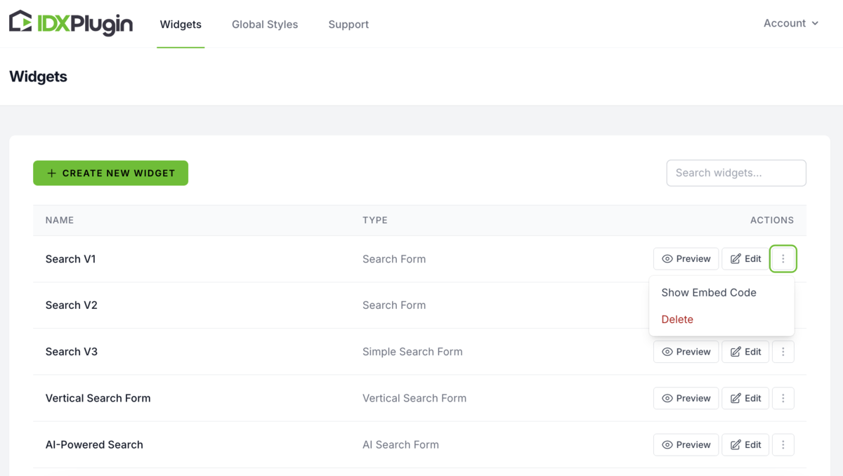 IDX Plugin dashboard showing the Search Form widget selection screen
