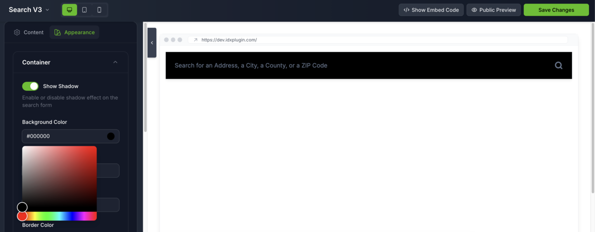 Individual widget Appearance tab