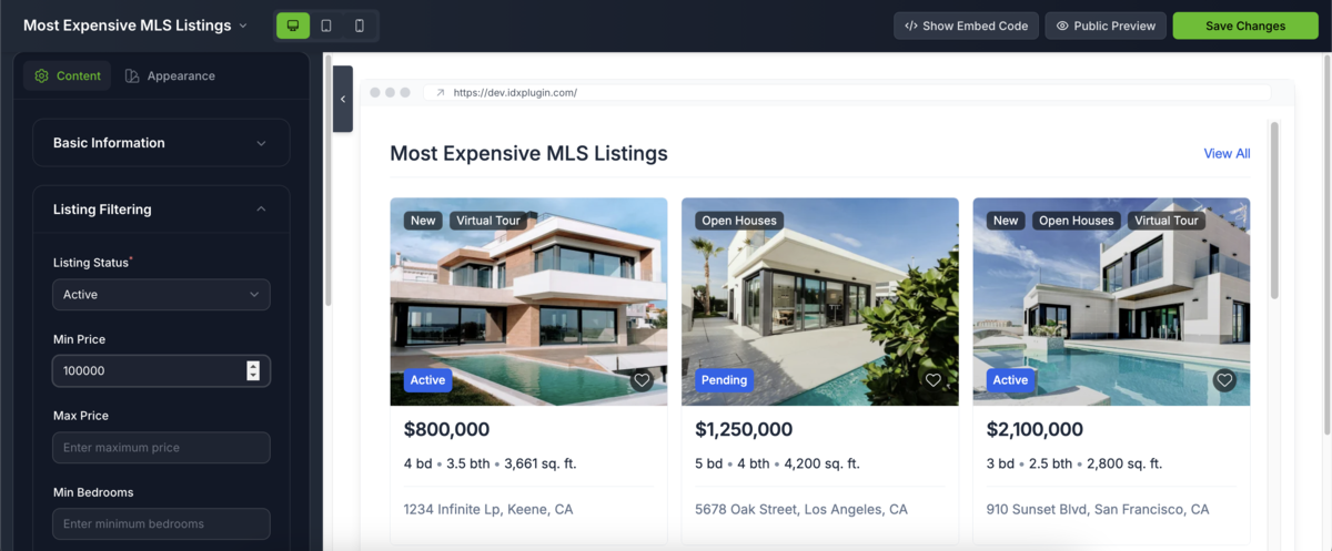 Widget configuration screen showing Filtering tab