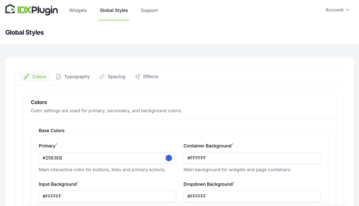 IDX Plugin Global Settings panel
