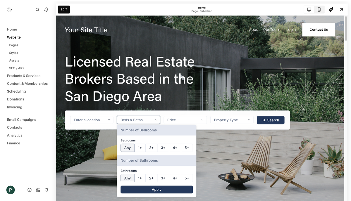 Squarespace website with IDX Plugin MLS search integration