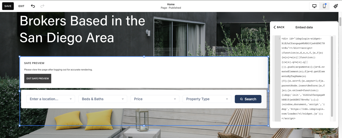 Live MLS search form on Squarespace homepage