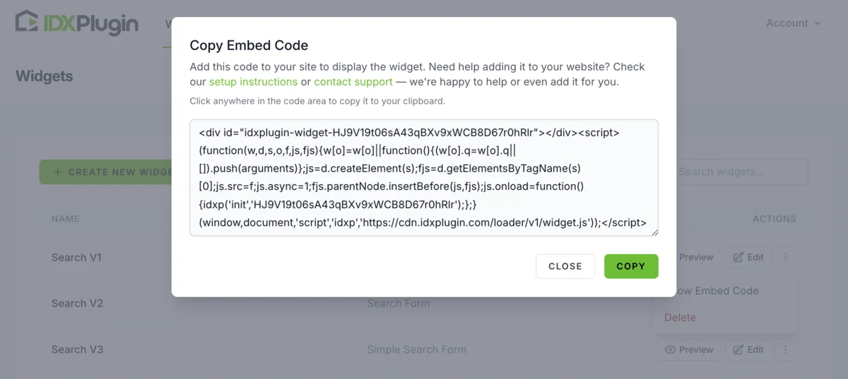 IDX Plugin embed code popup