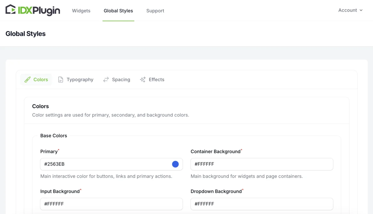IDX Plugin Global Settings panel