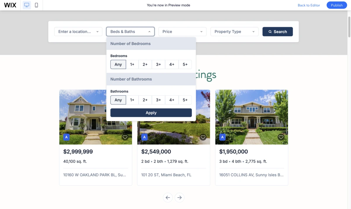 Wix website with IDX Plugin MLS search integration