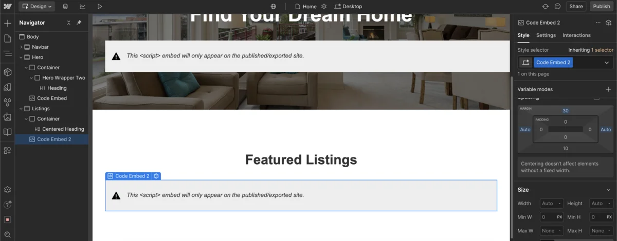 Adding the embed block for listings in Webflow