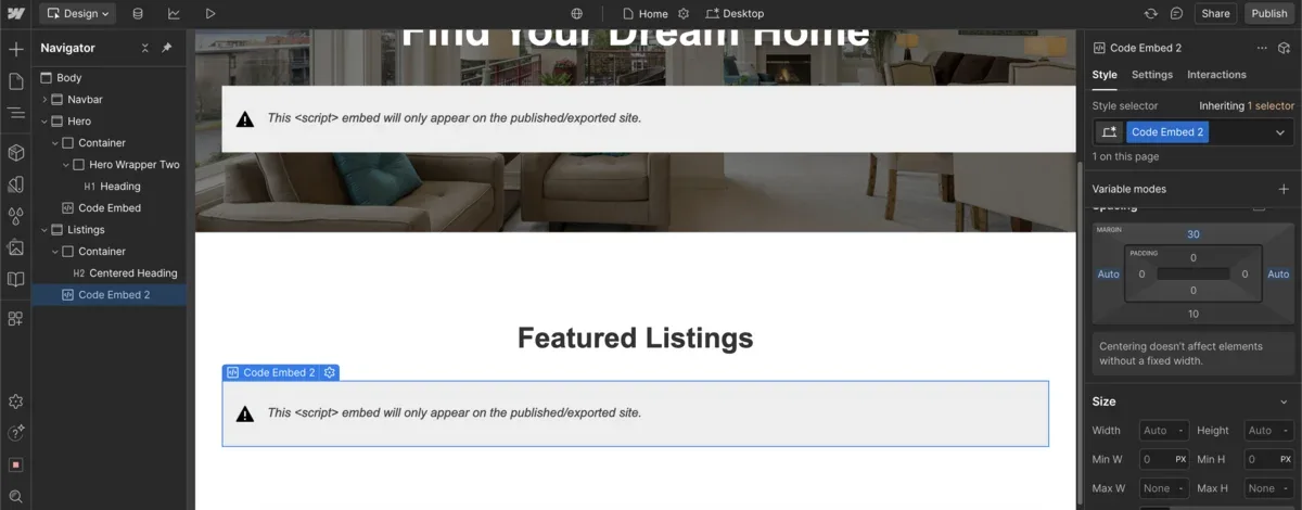 Adding the embed block for listings in Webflow