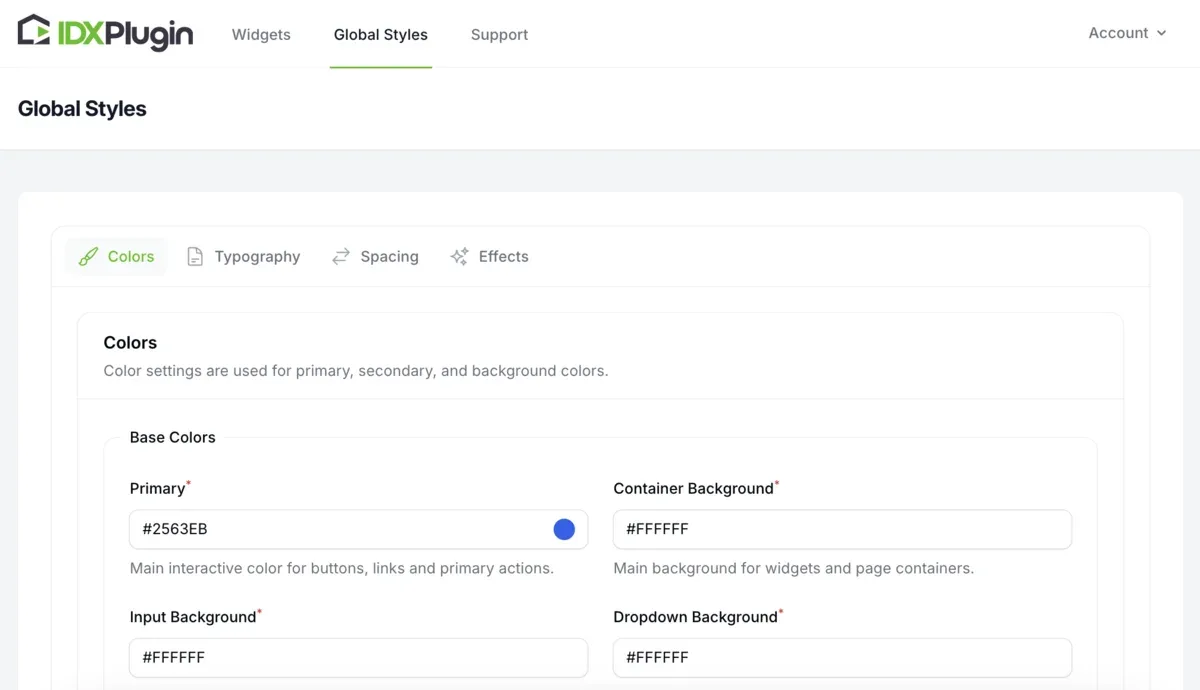 IDX Plugin global settings panel