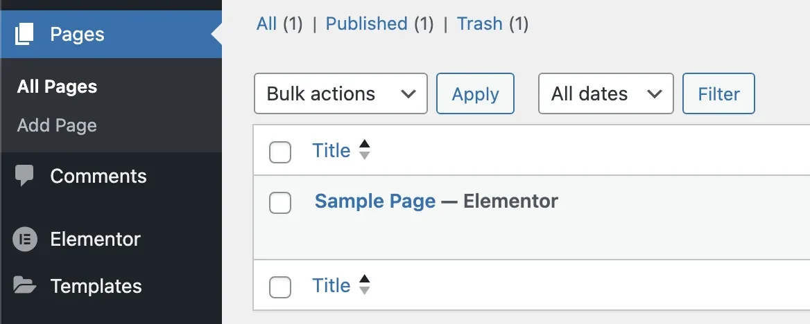 WordPress dashboard page selection