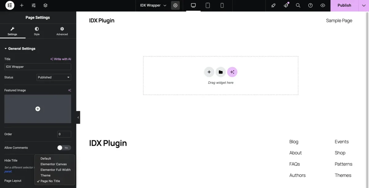 Elementor page settings for wrapper