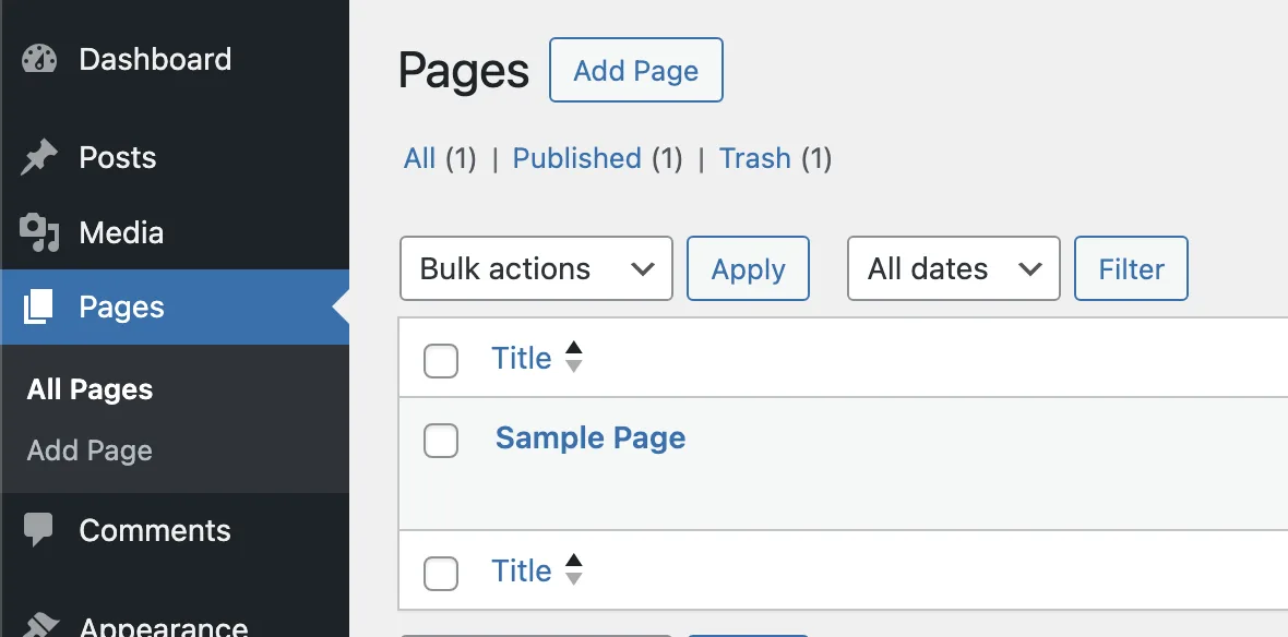 WordPress dashboard page selection