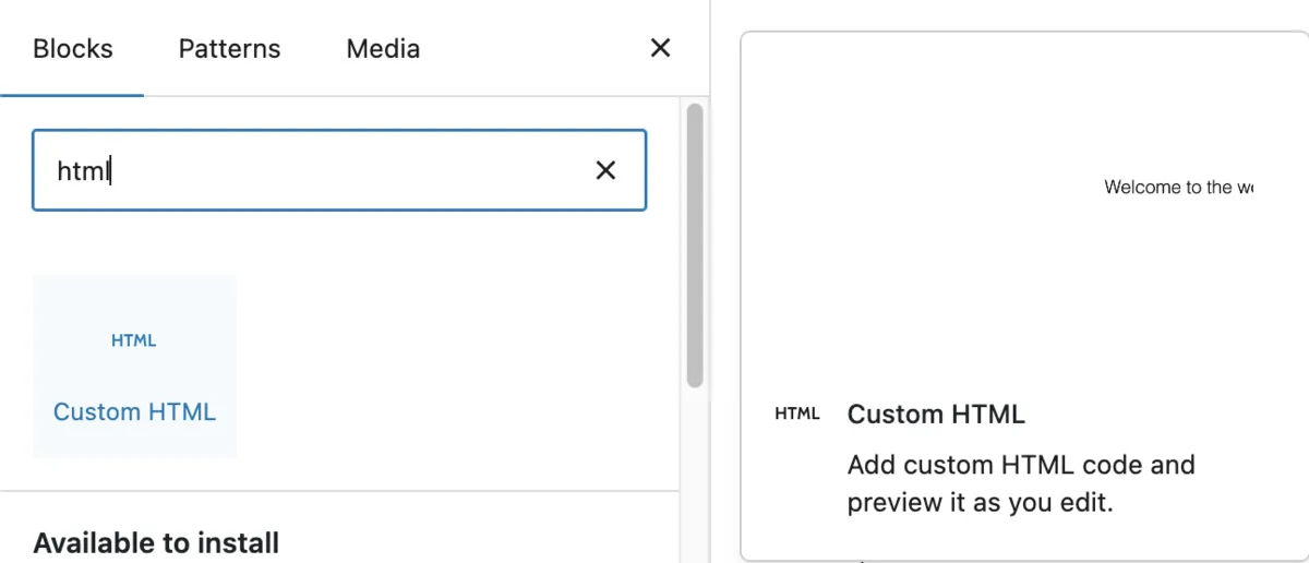 Search for Custom HTML block in Gutenberg