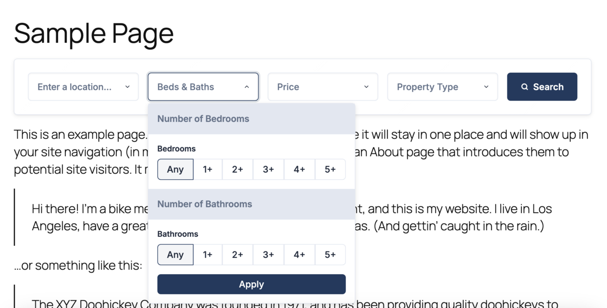 A live MLS search form running on a WordPress page