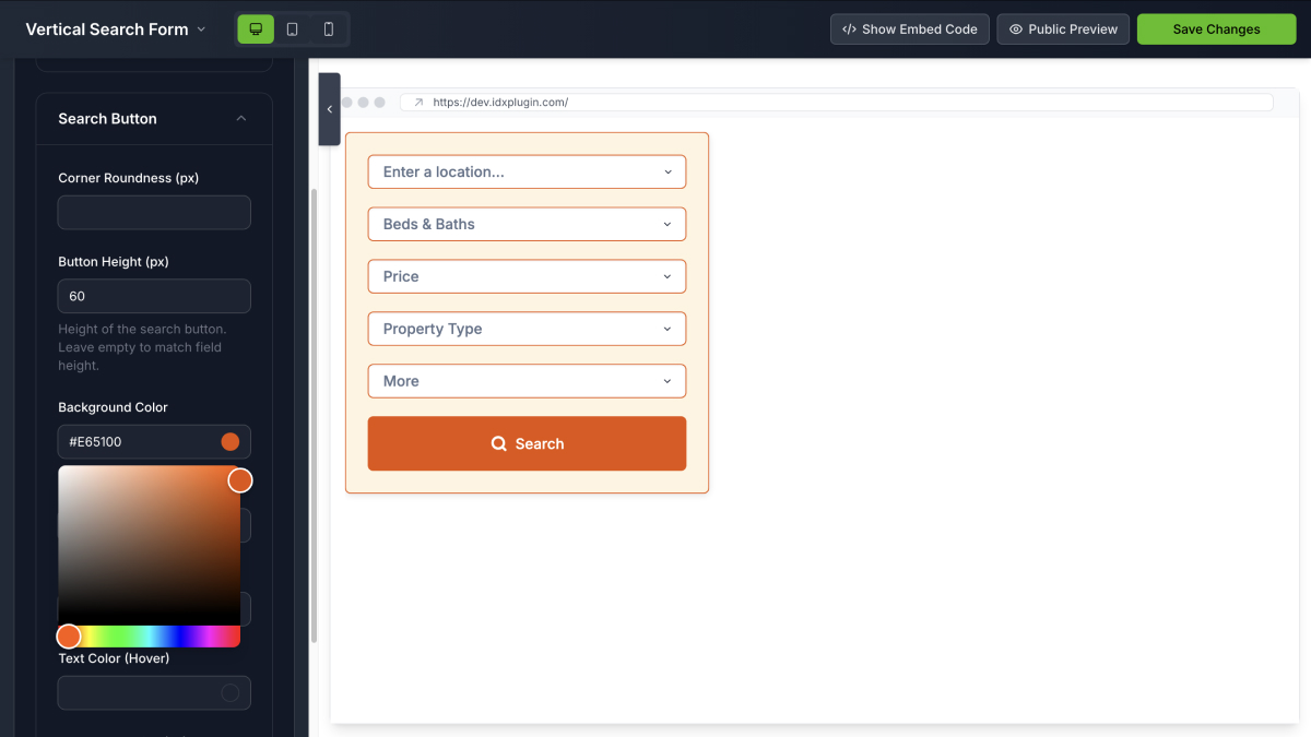 Live Editor with the settings panel on the left and the search form preview on the right