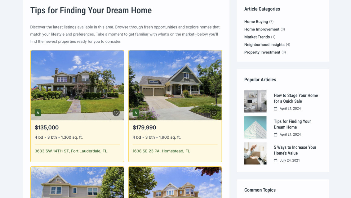 Listings displayed on a landing page