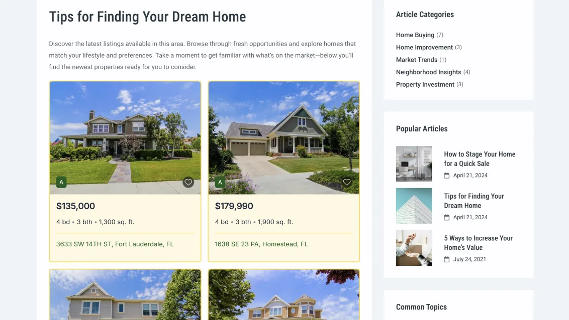 Listings displayed on a landing page
