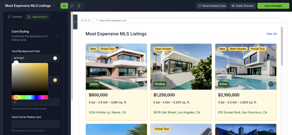 Tuning a listing widget in the IDX Plugin dashboard