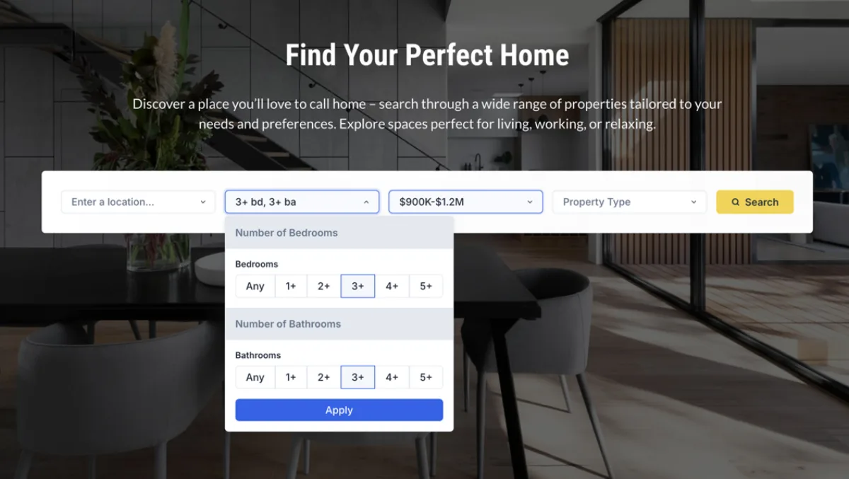 An IDX Plugin search form on a real estate website with the beds and baths filter open