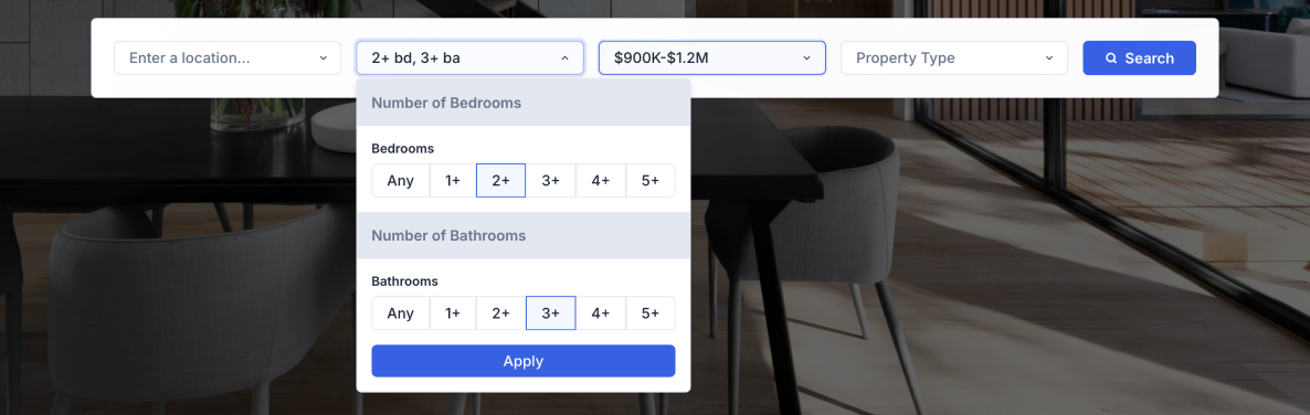 Bedrooms and bathrooms in one combined filter with quick-select buttons