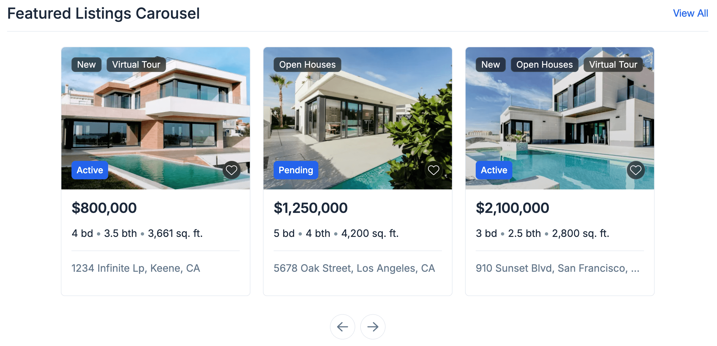 Listing Carousel with property cards on a page
