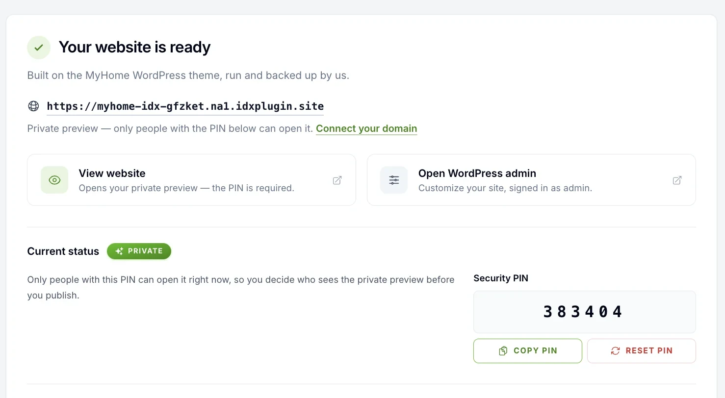 The website is ready, with the private preview address, the access tiles and the security PIN