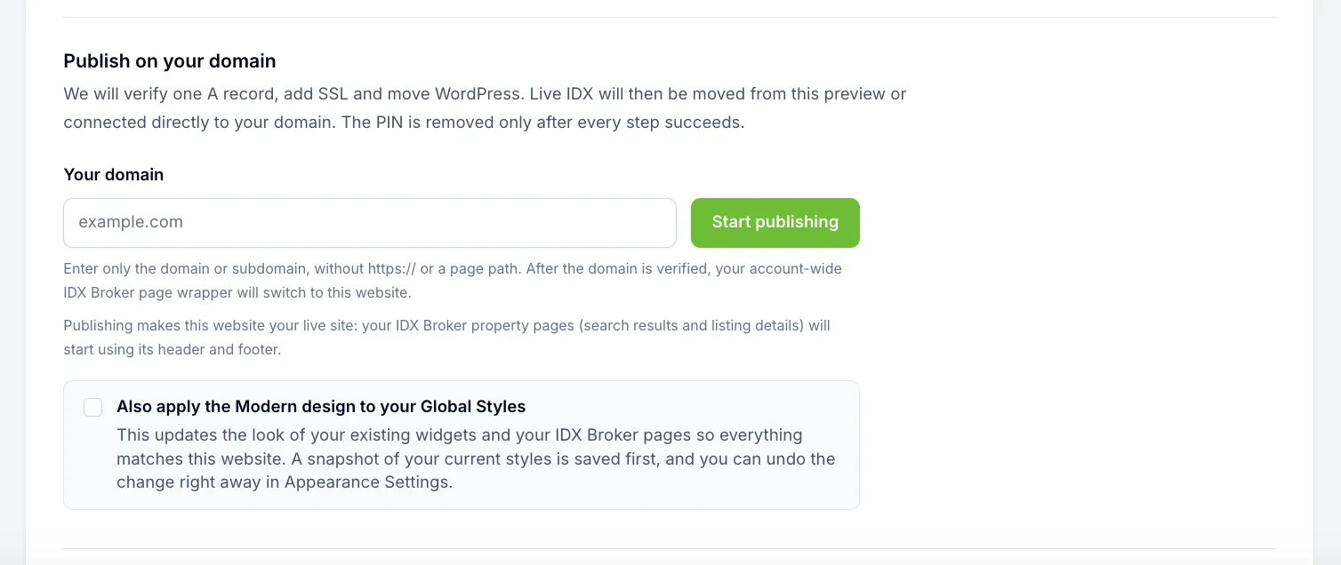 The publish on your domain card with the domain field and the Global Styles checkbox