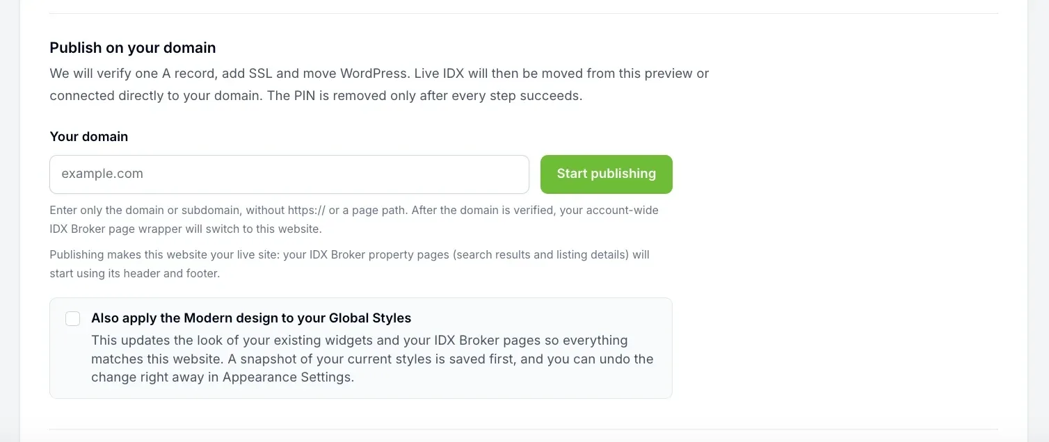 The publish on your domain card with the domain field and the Global Styles checkbox