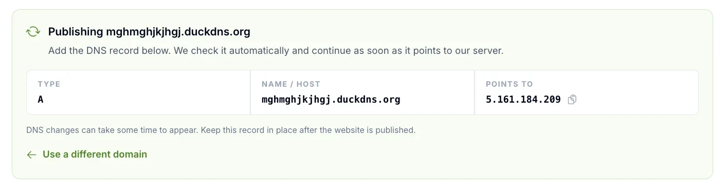 The A record to add at the registrar, with type, name or host and the IP address