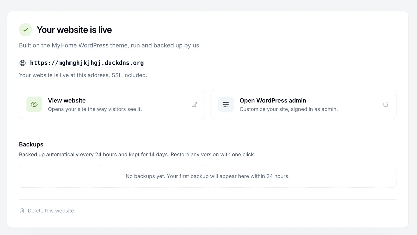 The website is live on its own domain, with the backups section below
