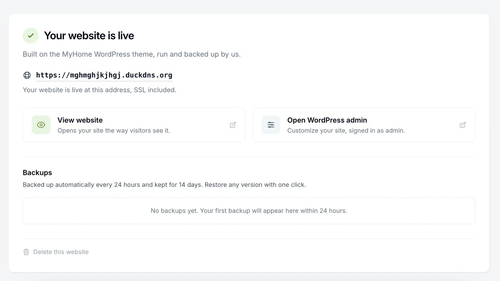 The website is live on its own domain, with the backups section below