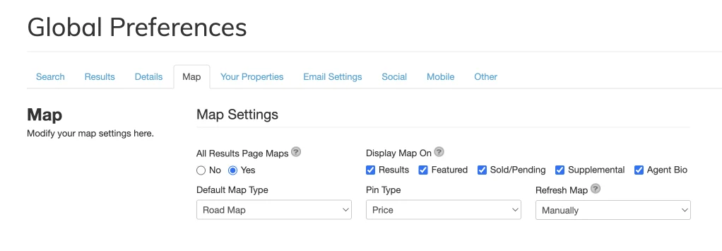 IDX Broker Global Preferences, Map tab, with Agent Bio checked under Display Map On