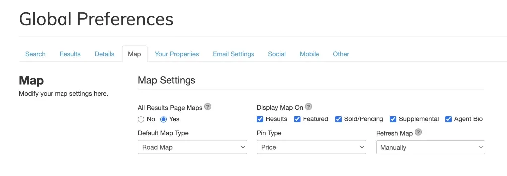 IDX Broker Global Preferences, Map tab, with Agent Bio checked under Display Map On