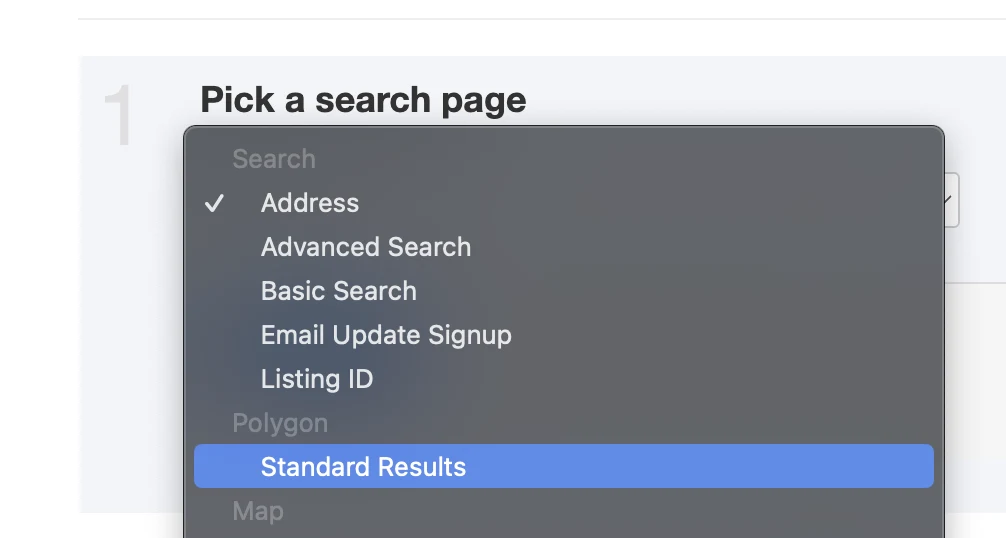 Pick a search page dropdown with Standard Results selected under the Polygon group
