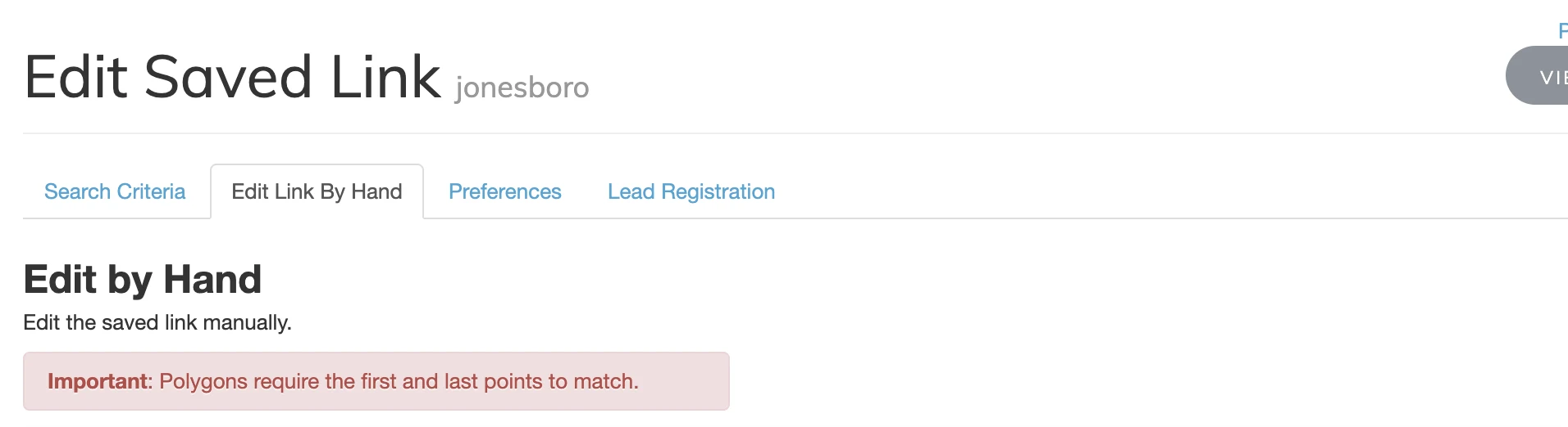 The Edit Link By Hand tab of a saved link with the notice about matching first and last points