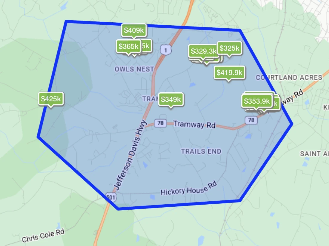 A saved custom area drawn as a polygon on the map with the listings inside it