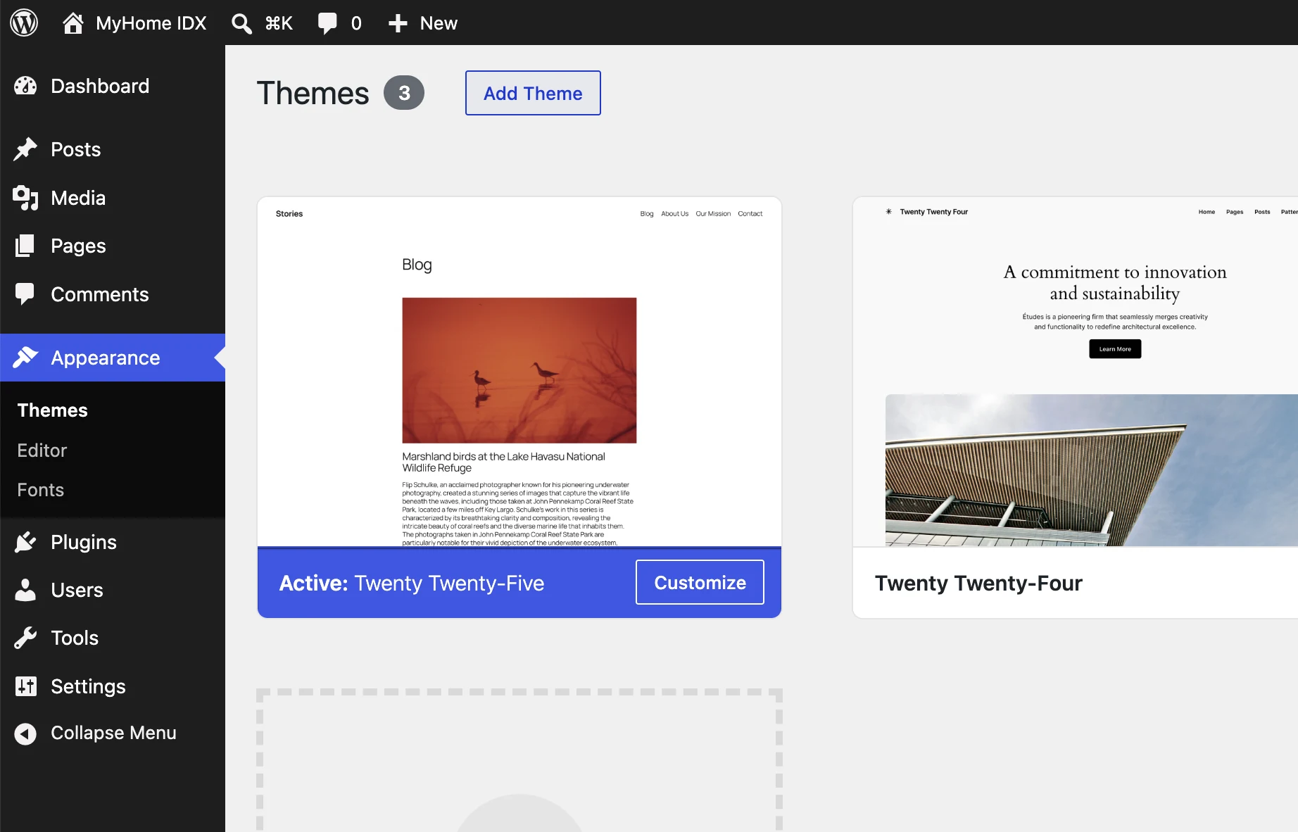 WordPress Appearance Themes screen with the Add Theme button