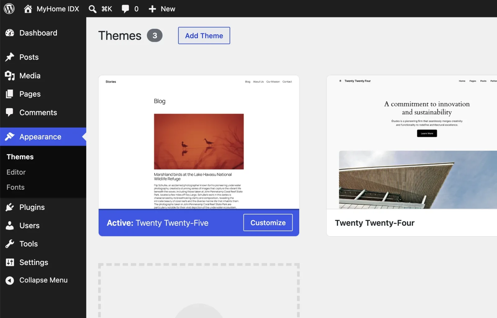 WordPress Appearance Themes screen with the Add Theme button