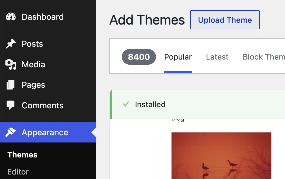 Add Themes screen with the Upload Theme button
