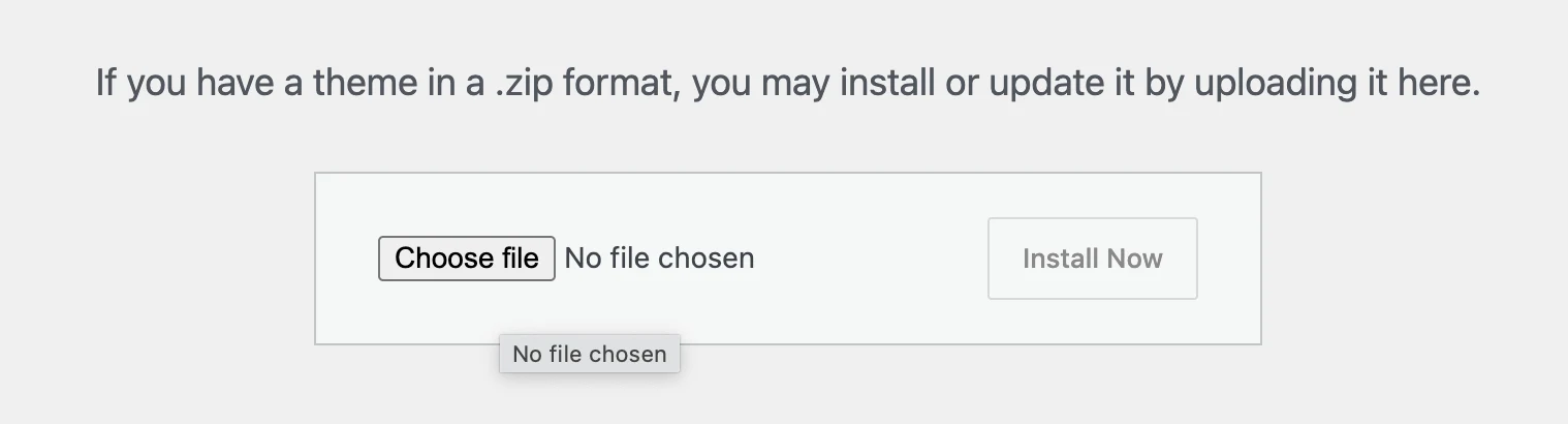 Theme upload box with Choose file and no file selected