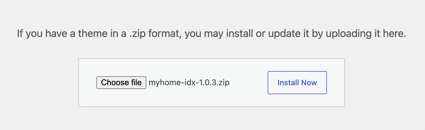 Upload box with myhome-idx-1.0.3.zip selected and Install Now active