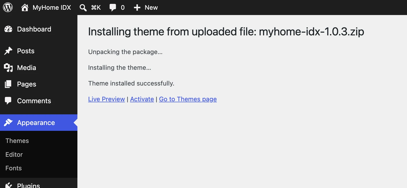 WordPress confirming the theme installed successfully with an Activate link